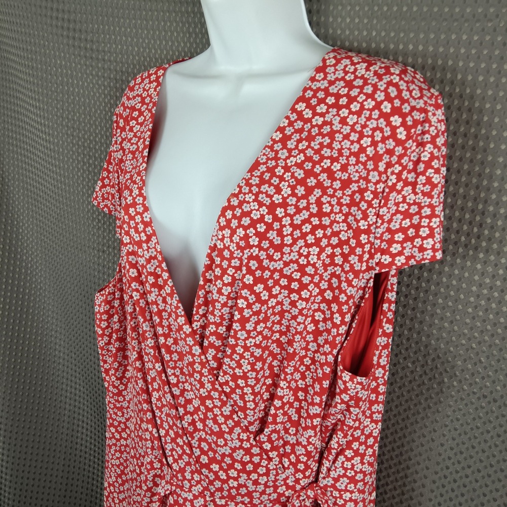 Jessica Howard Red White Floral Faux Wrap Dress Plus Size 24W Short Sleeve Midi - Picture 3 of 16